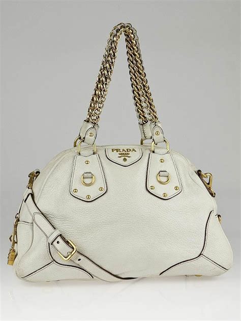 Prada White Cervo Lux Leather Chain Bowler Bag